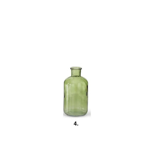 Green glass bottle vase with a short neck and rounded body