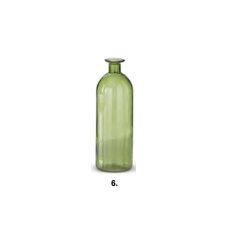 Green glass vase; tall bottle-shaped form with a short neck.