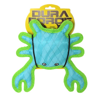 DuraForce Crab Tiger dog toy in blue and green with squeaker, durable plush