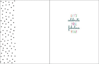 Birthday greeting card with a left polka-dot panel and a right panel featuring a colorful celebratory message.