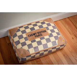 Checker Chewy Vuitton Paris dog bed, soft, washable with beige corner patches