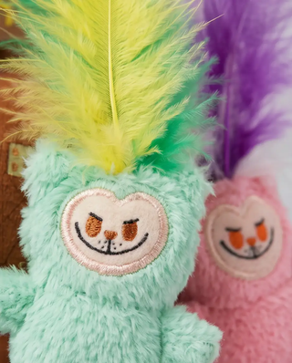Lameowow handbag catnip cat toy with feathers, 2-pack mint green and pink plush with bright feather plumes