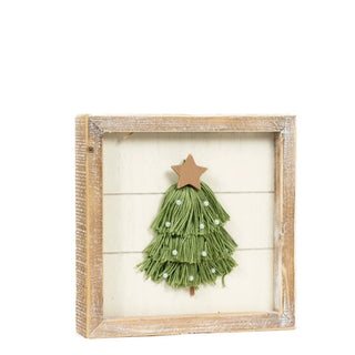 Wood frame sign 7x7 with green tassel Christmas tree ornament inside, star accent
