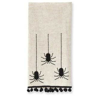 Hand towel tan linen with black spider motif and tassel trim