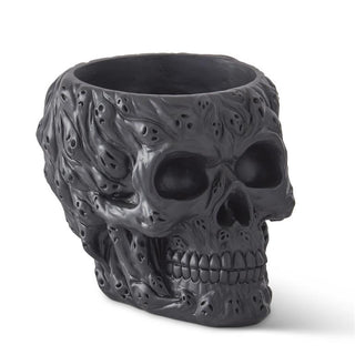 Black resin skull with ghost-face detailing, open-top decorative sculpture.