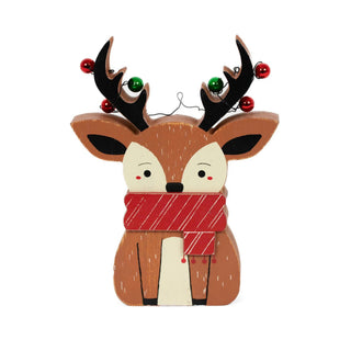 5x7 chunky wood reindeer Christmas decor with red scarf and bells on antlers.