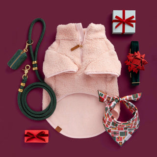 Gold Gift Bow Dog Collar Attachment surrounded by holiday accessories and a pink fleece jacket