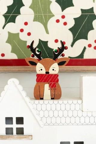 Chunky wood reindeer figurine for Christmas decor, brown with white belly and red scarf