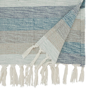 Stripe Runner, blue and beige striped woven rug with tassel fringe