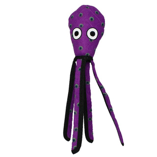 Purple quilted ocean squid dog toy with black rope limbs and big eyes.