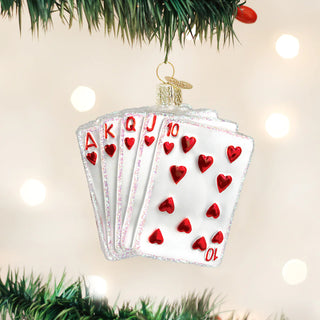 Royal Flush playing cards ornament featuring five glittery white cards with red hearts