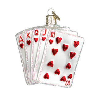 Royal Flush ornament, white fanned playing cards showing A K Q J 10 of hearts with glittery edges