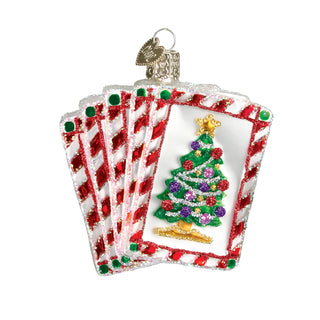 Royal Flush Ornament, glittery red-and-white striped card frame with a Christmas tree centerpiece