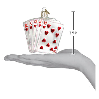 Royal Flush ornament featuring red heart cards on white glittery edges