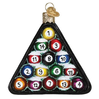 Billiard Balls Ornament: triangular glass rack with 15 colorful, numbered pool balls, snow-tipped.