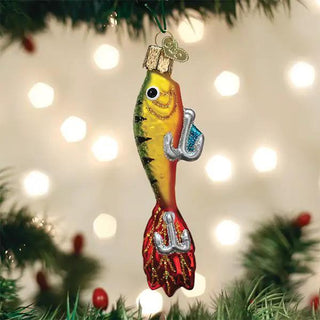 Fishing lure ornament, multicolored fish with yellow-green body and red tail, silver hook accents for hanging decor.