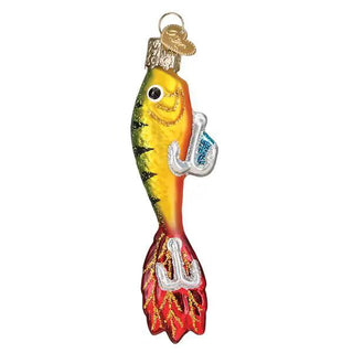 Fishing lure ornament, glass with gold cap; green-yellow-red gradient body and silver hook