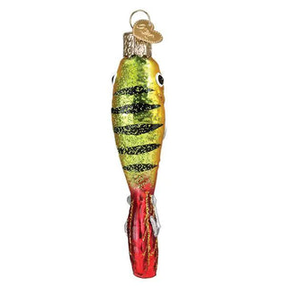 Fishing lure ornament, yellow-green with black stripes and red tail.