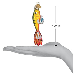Fishing Lure Ornament, multicolor yellow-green-orange body with red tail and glitter finish, 4.25 in tall