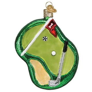 Putting Green Ornament featuring a green putting surface with a golf club, flag, and sand bunker