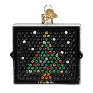 Lite-Brite ornament: square silver frame with a multicolor beaded Christmas tree on a black grid, gold hanging loop