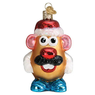 Mr. Potato Head Ornament, glass figure with red Santa hat, orange body and blue shoes