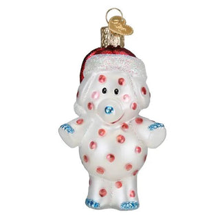 Spotted Elephant Ornament, white glass with red spots, blue jeweled accents, and a glittery red Santa hat