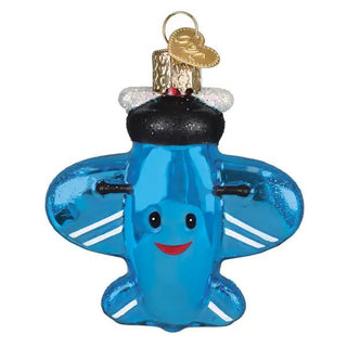 Misfit Plane Ornament, blue glass airplane with white wing stripes and a smiling red mouth.
