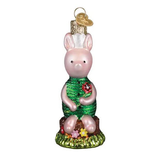 Piglet ornament: pink pig in green knit sweater with floral accents