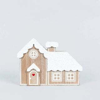 7x5 chunky wooden house ornament with snow-covered roof, white trim, gear-window patterns, and red heart accent.