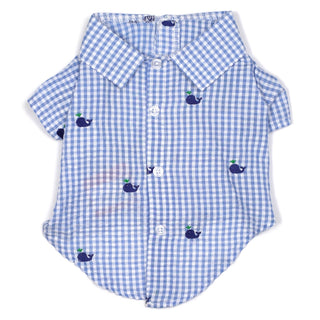 Gingham Whales Shirt in light blue checks with navy whale embroidery, short-sleeve, button-front.
