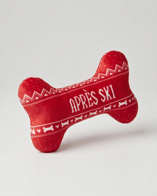 Apres Ski bone dog toy in red with white Nordic pattern and squeaker