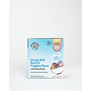 Grass-Fed Beef & Veggies Stew with Superfoods dog food in a blue 11 oz box