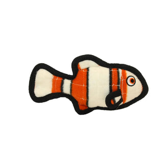 Fish-shaped orange and white plush dog toy with black trim and stitched seams