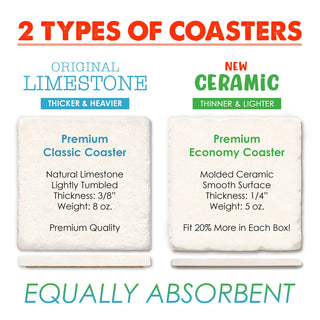 Coaster set: two premium coasters Classic Limestone and Economy Ceramic, equally absorbent