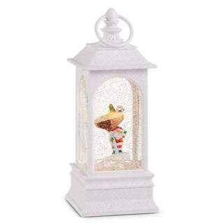 Animated espresso holiday water lantern, white glitter finish with hanging ring and tiny holiday scene inside