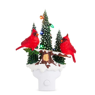 Animated glitter cardinal night light featuring two red cardinals, snow-dusted evergreens, and multicolor lights.