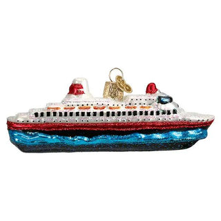 Cruise ship ornament with white body, red accents and blue hull in a metallic finish