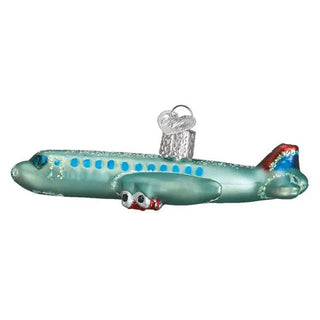Passenger plane ornament, turquoise body with silver accents and blue window details.