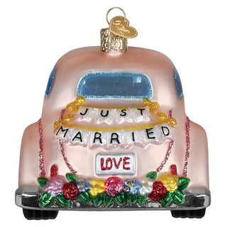 Just Married ornament, pink car glass Christmas keepsake with colorful flowers and LOVE sign