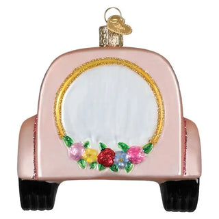 Just Married Magic Ornament, pink glass car-shaped ornament with a gold wreath and colorful flowers