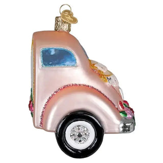 Just Married Magic Ornament, pink glass car with glitter trim and floral accents.