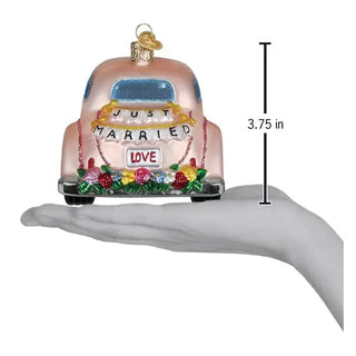 Just Married Magic Ornament, pink vintage car with Just Married banner and colorful flowers, 3.75 in