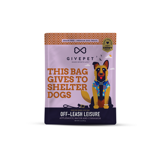 Off-Leash Leisure soft and chewy dog treats bag in pink-purple packaging with orange text and a dog illustration