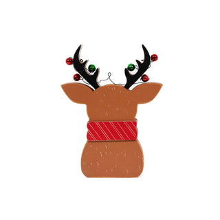 5x7 chunky wood reindeer head decor with red scarf and red-green bead garland
