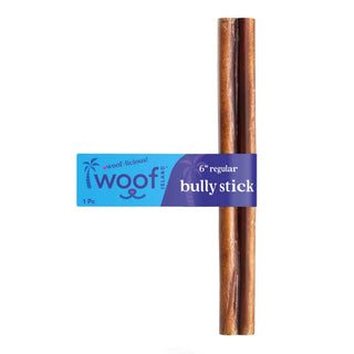 6-inch standard bully sticks dog chew, two sticks visible, grass-fed beef treat; packaging label visible