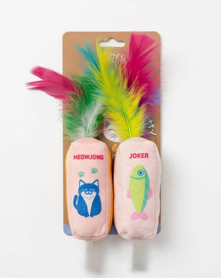 Pair of pink Meowjong Tiles catnip toys with colorful feathers; left shows blue cat, right shows green fish.