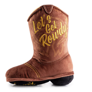 Cowboy boot dog toy, brown with yellow embroidery and a squeaker
