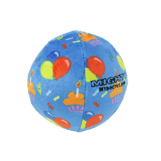 Mighty Ball-Medium Celebration squeaky dog toy, blue plush with colorful balloon print, no stuffing