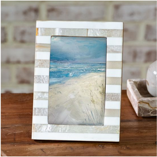 Beige stripe resin photo frame with white stripes for desktop display